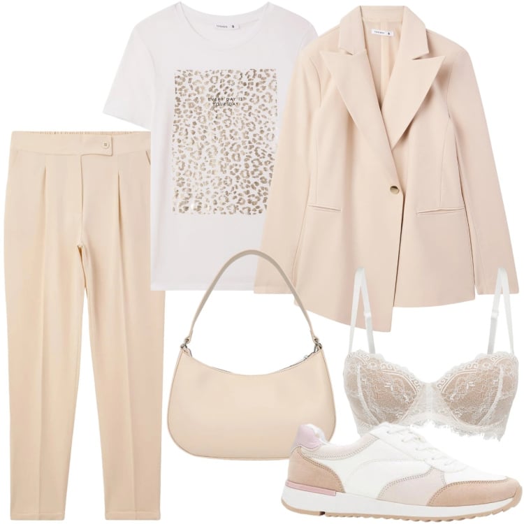 Outfit donna - La giacca asimmetrica. Stile Casual per Tutti i giorni. Abbinamento con reggiseni a balconcino, sneakers, t-shirt, blazer, pantaloni chino, borse a tracolla.