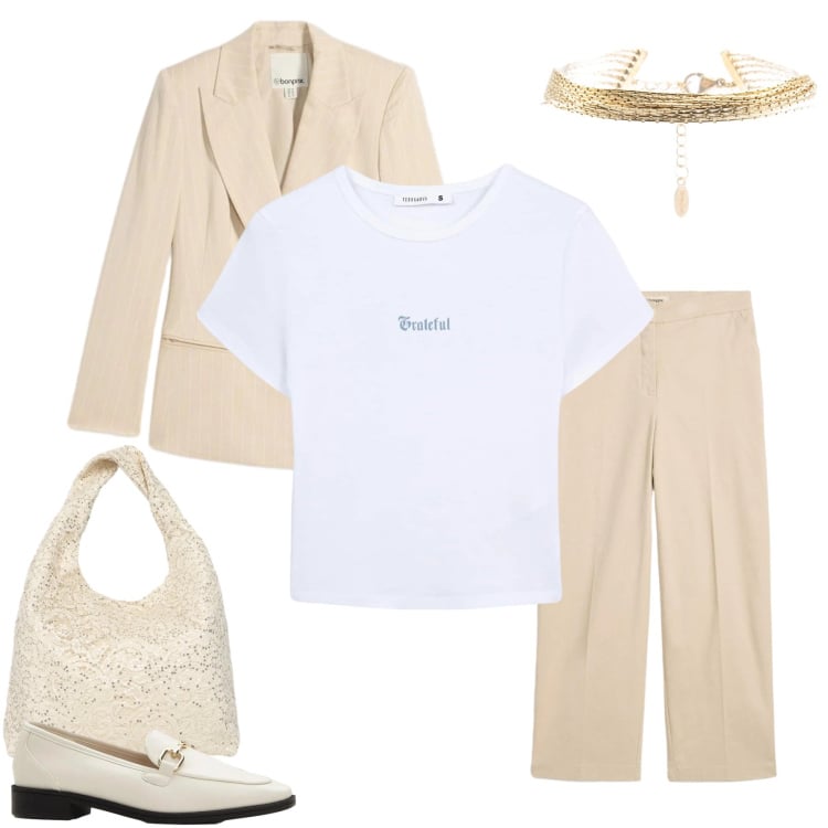 Outfit donna - Minimalist Glow. Stile Glamour per Tutti i giorni. Abbinamento con blazer, mocassini, pantaloni chino, borse a spalla, t-shirt, braccialetti.