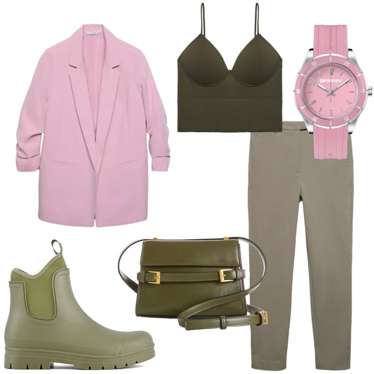 Outfit donna - Chic Militare & Rosa Pastello. Stile Casual chic per Tutti i giorni. Abbinamento con borse a tracolla, pantaloni skinny, blazer, top, orologi, stivali.