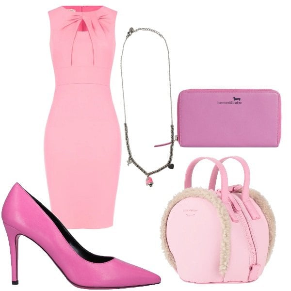Outfit donna - marzo in rosa. Stile Chic per Tutti i giorni. Abbinamento con décolleté, zaini, vestiti a tubino, portafogli, ciondoli.