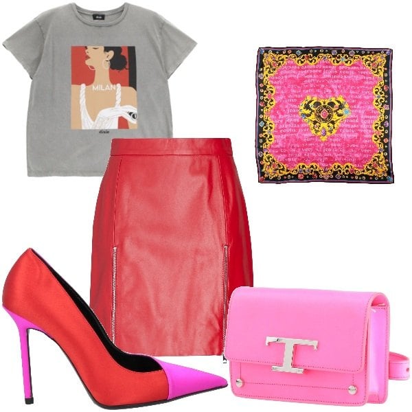 Outfit donna - weekend primaverile. Stile Glamour per Tutti i giorni. Abbinamento con minigonne, décolleté, marsupi, sciarpe, t-shirt.