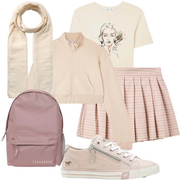 Outfit donna - Mini a pieghe per la scuola. Stile Urban per Scuola/Università. Abbinamento con sneakers, minigonne, zaini, felpe, sciarpe, t-shirt.