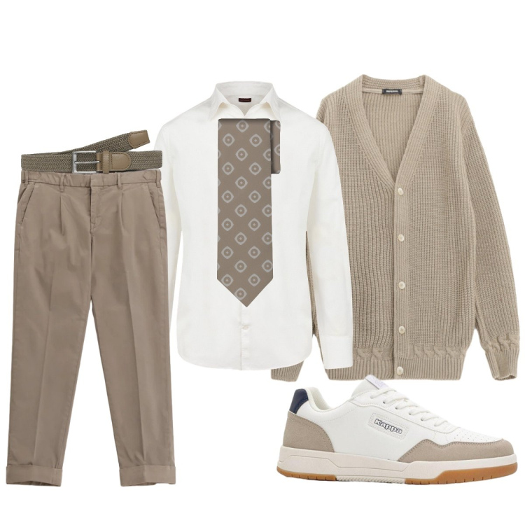Outfit uomo - Color sabbia in ufficio. Stile Trendy per Ufficio. Abbinamento con sneakers, cardigans, pantaloni chino, camicie, cravatte, cinture.