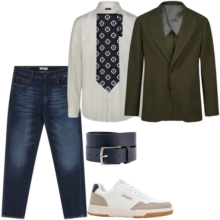 Outfit uomo - Total look #2367543. Stile Casual per Ufficio. Abbinamento con sneakers, jeans dritti, cravatte, camicie, cinture, giacche.