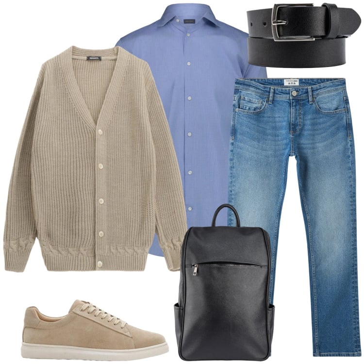 Outfit uomo - Comfort in Blu e Beige. Stile Urban per Tutti i giorni. Abbinamento con sneakers, cardigans, jeans, cinture, borse sportive, camicie.
