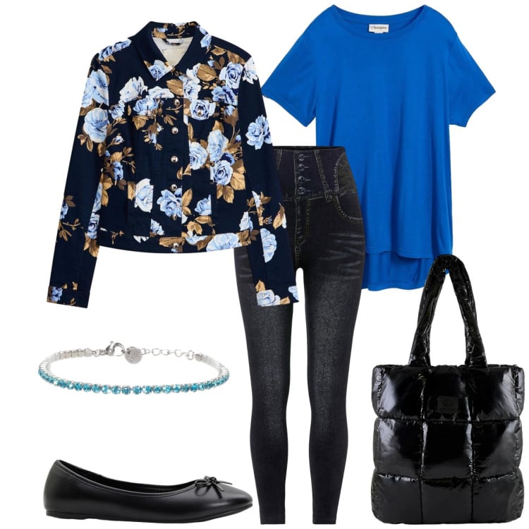 Outfit donna - Total look #2367551. Stile Casual per Tutti i giorni. Abbinamento con jeggings, t-shirt, ballerine, blazer, shopping bag, braccialetti.