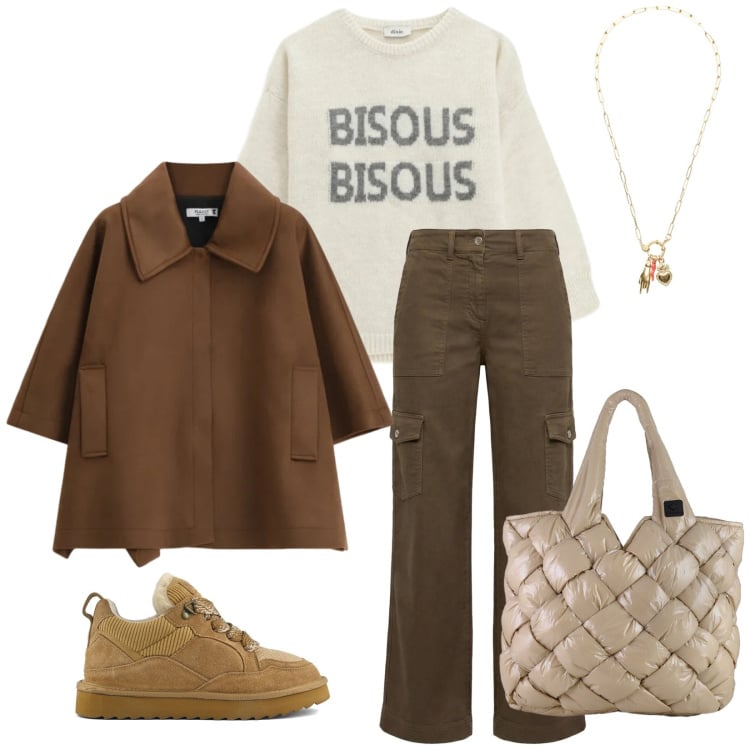 Outfit donna - Total look #2367552. Stile Casual per Tutti i giorni. Abbinamento con pantaloni cargo, cappotti, borse tote, maglieria, ciondoli, sneakers alte.