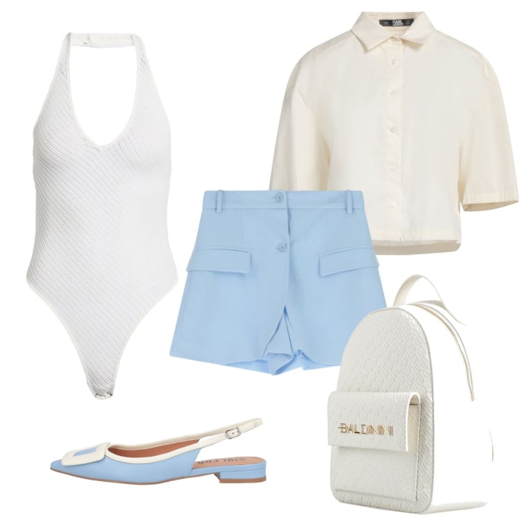 Outfit donna - Un assaggio di primavera. Stile Casual chic Abbinamento con body, camicie a manica corta, zaini, ballerine, shorts.