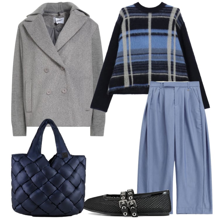 Outfit donna - Total look #2367554. Stile Casual per Tutti i giorni. Abbinamento con caban, maglieria, borse tote, pantaloni a palazzo, ballerine.