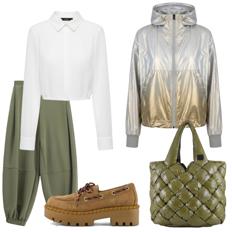 Outfit donna - Passeggiando per le vie della città. Stile Casual per Tutti i giorni. Abbinamento con camicie, pantaloni, borse tote, giacche sportive, mocassini.