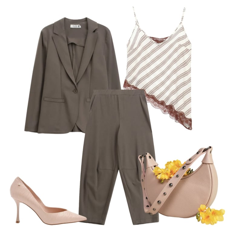 Outfit donna - Total look #2367559. Stile Chic per Cerimonia. Abbinamento con pantaloni a palazzo, top, blazer, décolleté, borse a spalla.