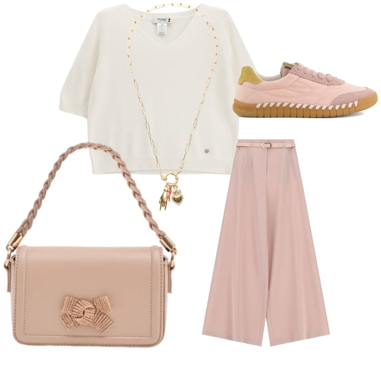 Outfit donna - Rosa elegante. Stile Chic per Tutti i giorni. Abbinamento con maglieria, pochette, pantaloni a palazzo, ciondoli, sneakers.
