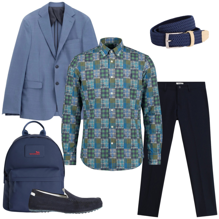 Outfit uomo - Geometrie e Sfumature di Blu. Stile Urban per Tutti i giorni. Abbinamento con scarpe stringate, cinture, borse sportive, camicie, pantaloni, giacche.