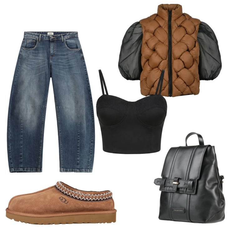 Outfit donna - Casual di tendenza. Stile Casual per Serata fuori. Abbinamento con stivaletti, zaini, top, piumini, jeans.