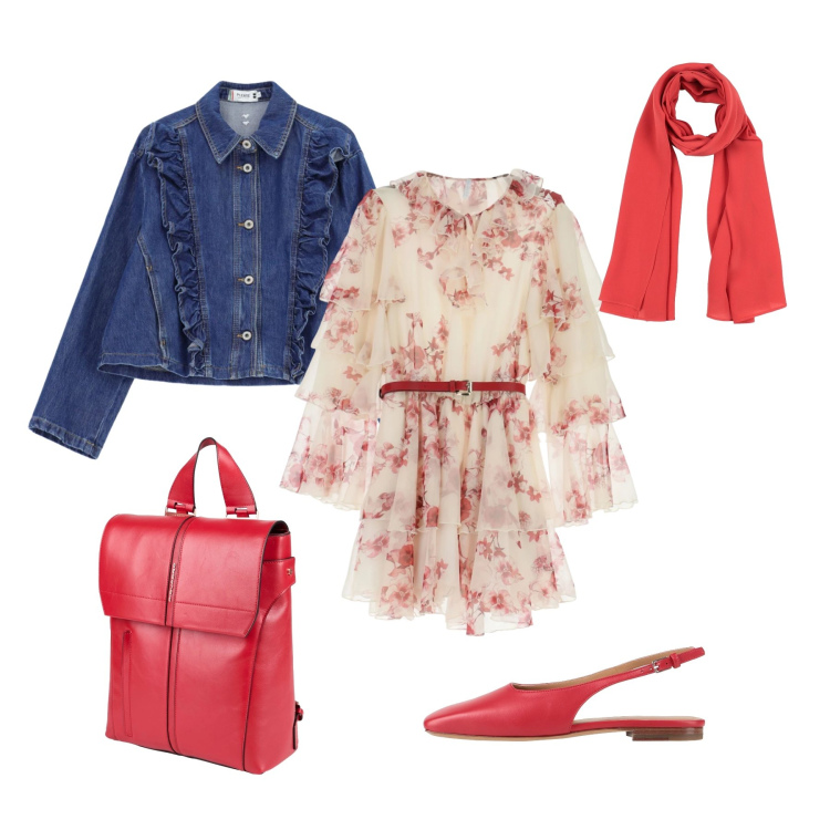 Outfit donna - Fiori rossi e denim. Stile Casual chic per Tutti i giorni. Abbinamento con ballerine, zaini, sciarpe, vestiti corti, blazer.