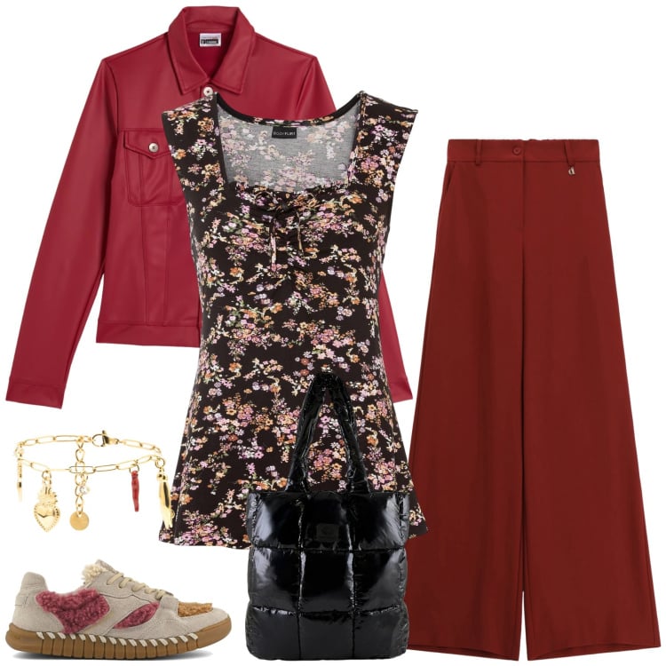 Outfit donna - Boho-Chic in Bordeaux. Stile Boho per Tutti i giorni. Abbinamento con top, shopping bag, pantaloni a palazzo, braccialetti, giacche, sneakers.