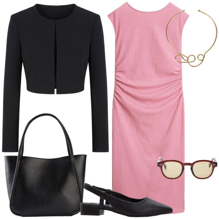 Outfit donna - Pink spring. Stile Casual chic per Ufficio. Abbinamento con shopping bag, décolleté, vestiti midi/longuette, bolero, occhiali da sole, collane.