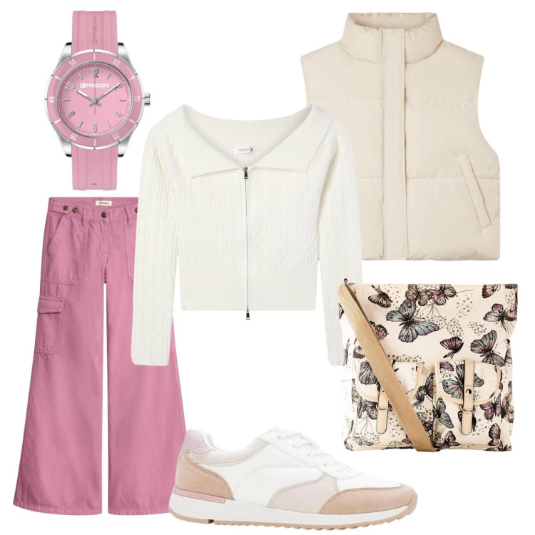 Outfit donna - Rosa- Primi giorni di primavera. Stile Sporty chic per Tutti i giorni. Abbinamento con pantaloni cargo, sneakers, borse a tracolla, maglieria, piumini, orologi.