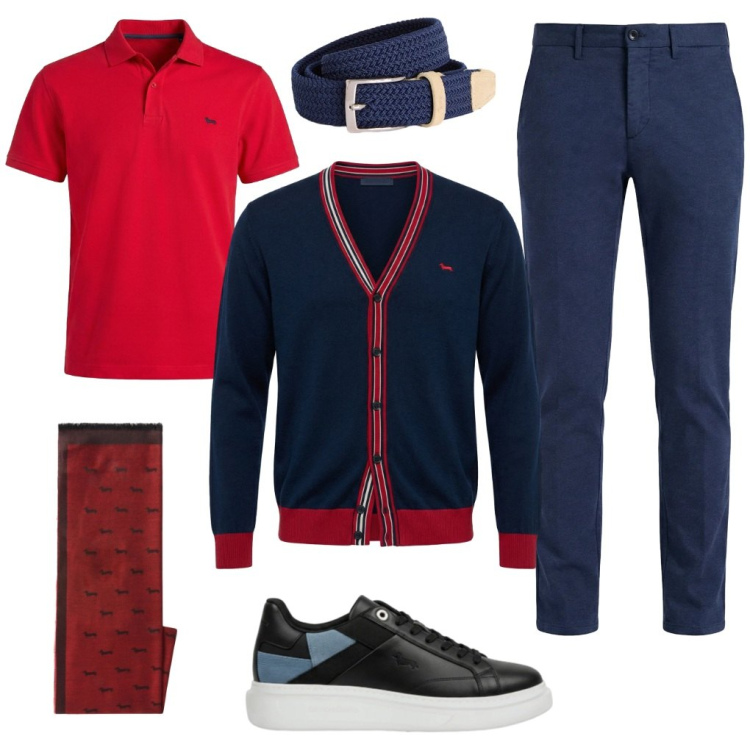Outfit uomo - Carlo: cardigan in ufficio. Stile Casual per Tutti i giorni. Abbinamento con cinture, cardigans, polo, sneakers, sciarpe, pantaloni chino.