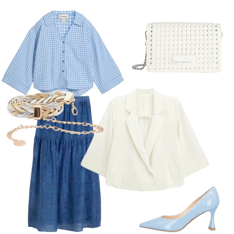 Outfit donna - Abiti che si muovono con te. Stile Casual per Tutti i giorni. Abbinamento con décolleté, gonne lunghe, camicie, borse a tracolla, cinture, blazer.