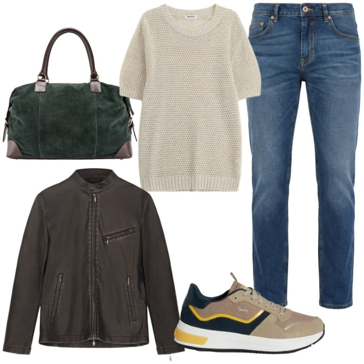 Outfit uomo - Saverio: viaggio di lavoro. Stile Trendy per Tutti i giorni. Abbinamento con sneakers, jeans, maglieria, borse sportive, giacche.