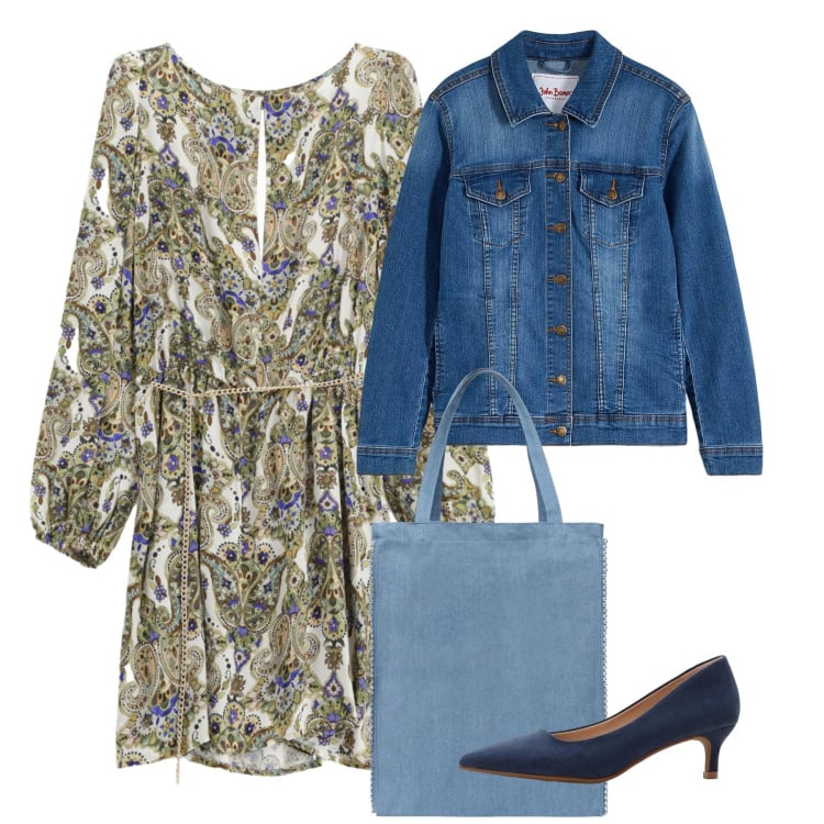 Outfit donna - Blazer in denim. Stile Bon Ton per Tutti i giorni. Abbinamento con blazer, décolleté, borse tote, vestiti corti.