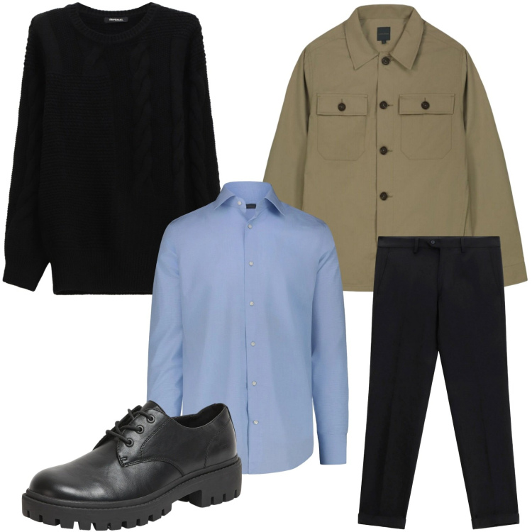 Outfit uomo - Work style. Stile Trendy per Tutti i giorni. Abbinamento con maglieria, pantaloni, scarpe stringate, camicie, cappotti.
