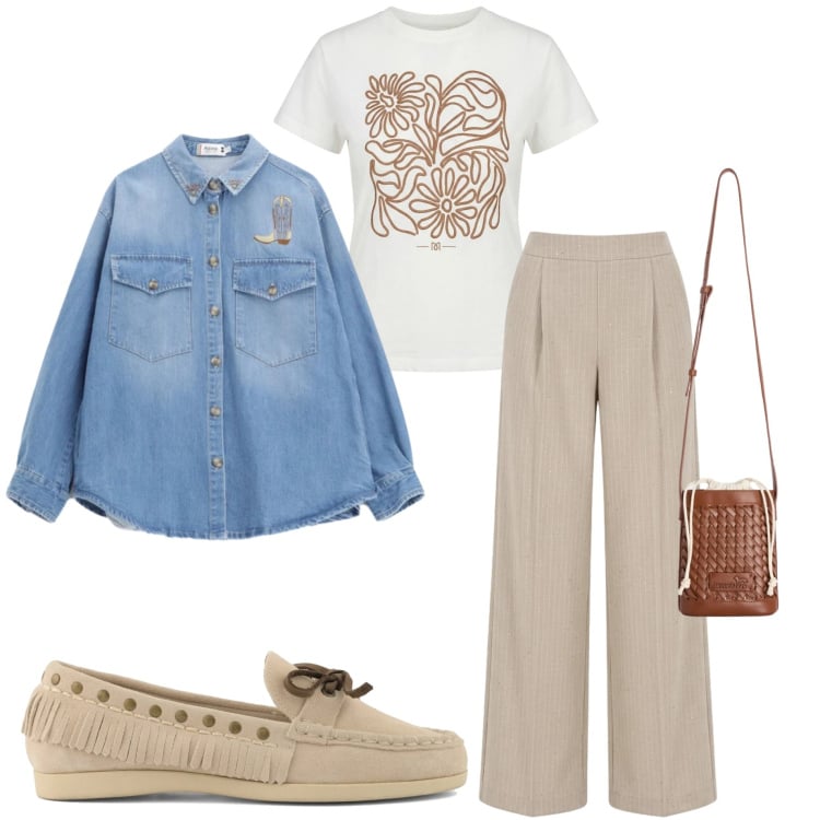 Outfit donna - Look da weekend di primavera. Stile Casual chic per Tutti i giorni. Abbinamento con borse a secchiello, camicie, t-shirt, pantaloni a palazzo, mocassini.