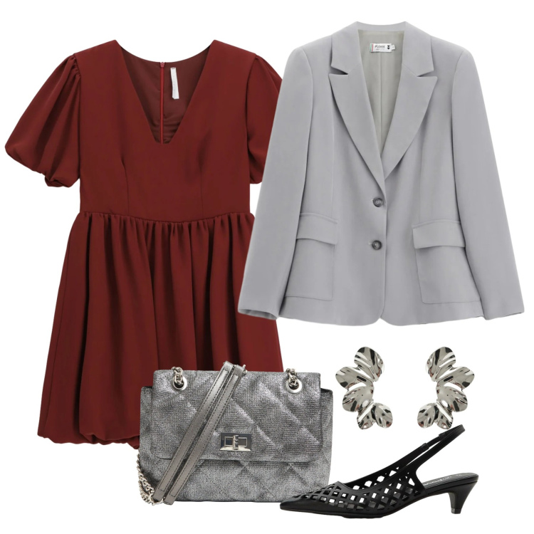 Outfit donna - Ciliegia di sera. Stile Chic per Serata fuori. Abbinamento con décolleté, borse a tracolla, blazer, vestiti corti, orecchini.