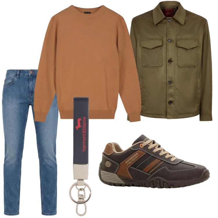 Outfit uomo - Trendy. Stile Trendy per Tutti i giorni. Abbinamento con sneakers, portachiavi, jeans, giacche, maglieria.
