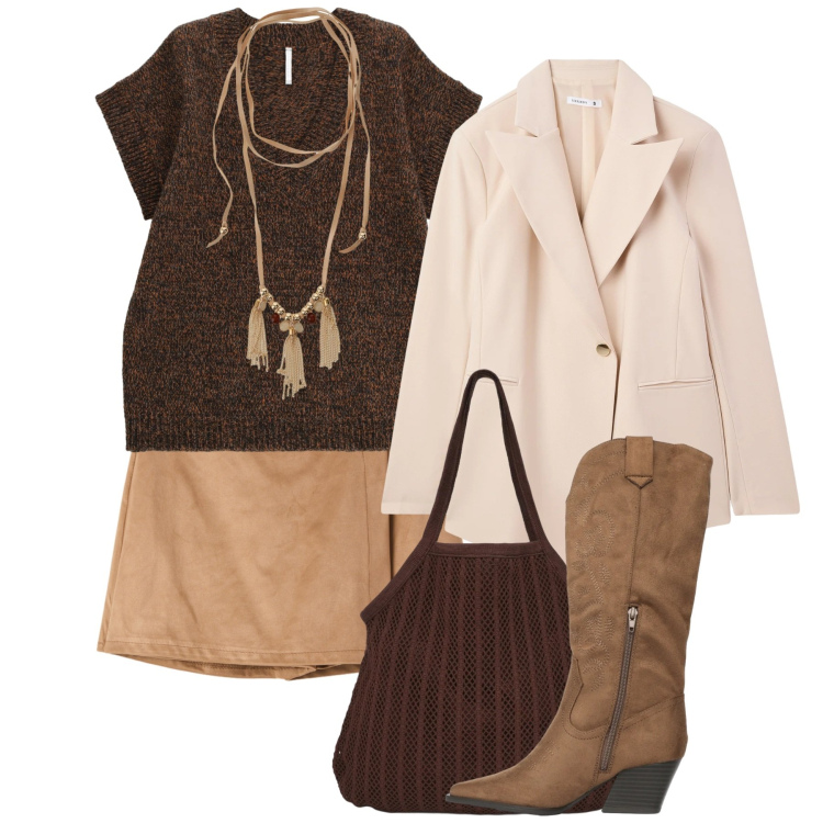 Outfit donna - Un tocco boho. Stile Bon Ton per Tutti i giorni. Abbinamento con maglieria, collane, shopping bag, blazer, minigonne, stivali.