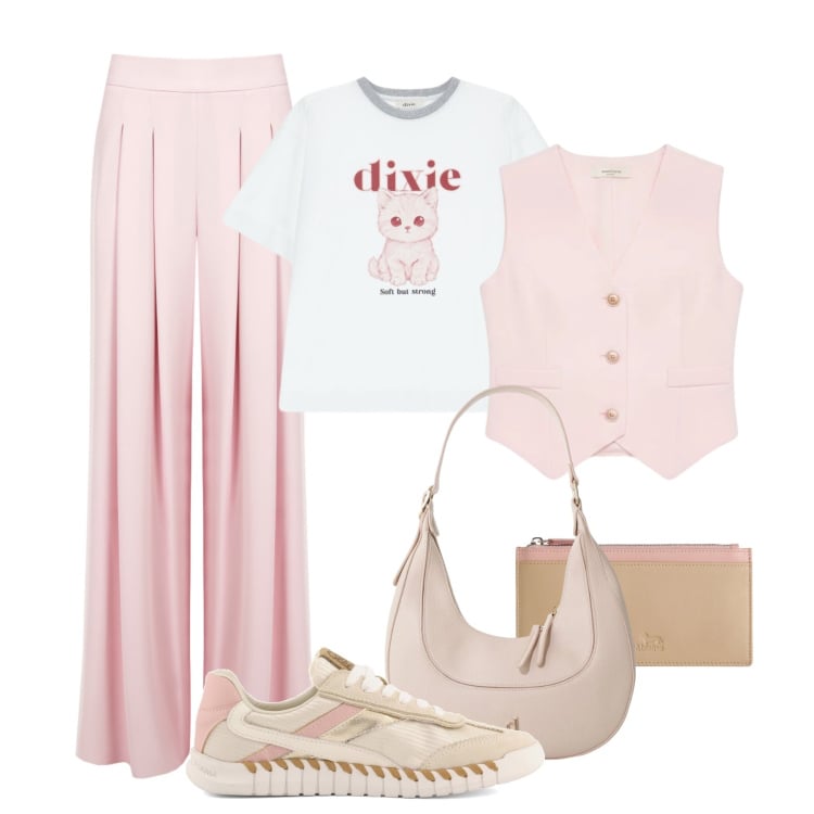 Outfit donna - Rosa in trend - @danipoetessa73. Stile Casual chic per Tutti i giorni. Abbinamento con portafogli, gilet, pantaloni a palazzo, t-shirt, borse a tracolla, sneakers.