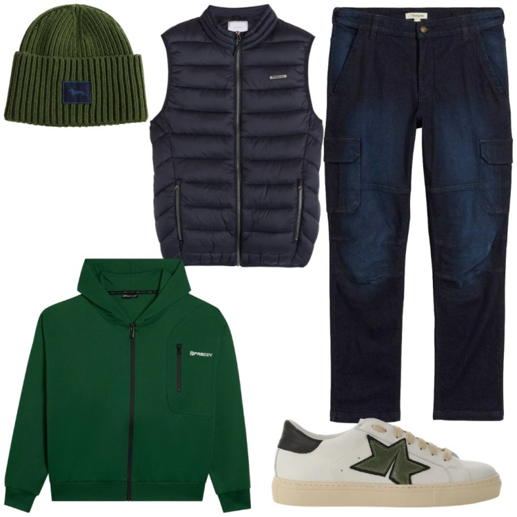 Outfit uomo - Paride: passeggiata lungotevere. Stile Urban per Tutti i giorni. Abbinamento con jeans dritti, berretti, sneakers, piumini, felpe con cappuccio.