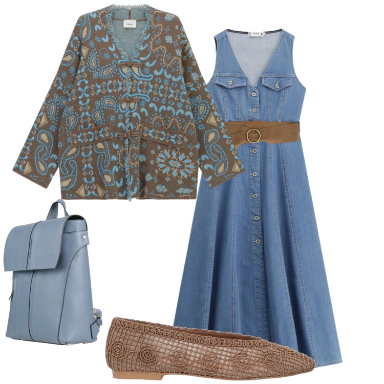 Outfit donna - Look da weekend primaverile. Stile Casual chic per Tutti i giorni. Abbinamento con ballerine, zaini, vestiti midi/longuette, cardigans, cinture.