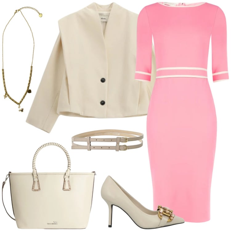 Outfit donna - Energia rosa. Stile Chic per Ufficio. Abbinamento con décolleté, shopping bag, vestiti a tubino, cinture, blazer, ciondoli.
