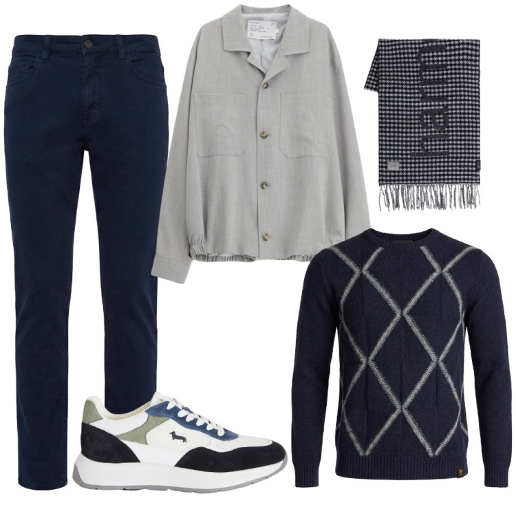 Outfit uomo - Kevin: rombi. Stile Urban per Tutti i giorni. Abbinamento con sneakers, sciarpe, pantaloni, maglieria, cappotti.