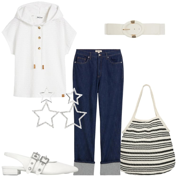 Outfit donna - Jeans in primavera. Stile Sporty chic per Scuola/Università. Abbinamento con maglieria, jeans dritti, cinture, orecchini, ballerine, shopping bag.