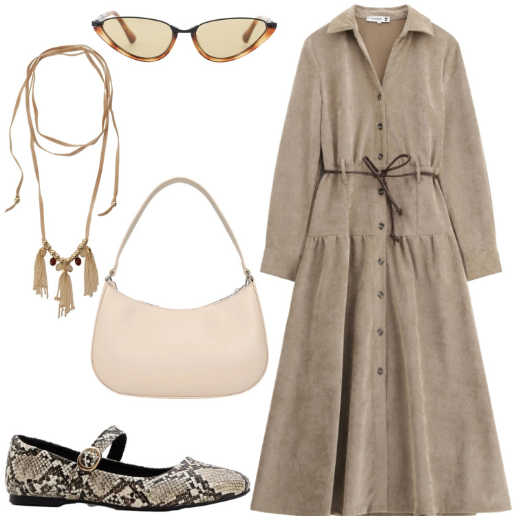 Outfit donna - Ballerine con carattere. Stile Trendy per Tutti i giorni. Abbinamento con ballerine, occhiali da sole, collane, vestiti lunghi, borse a tracolla.