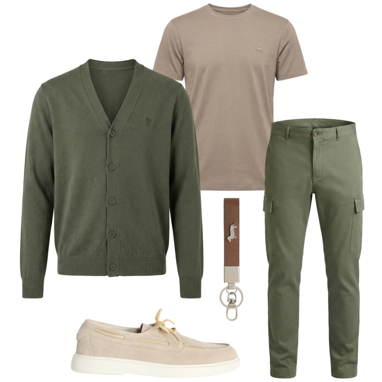 Outfit uomo - Il cardigan maschile. Stile Casual per Tutti i giorni. Abbinamento con portachiavi, scarpe stringate, pantaloni cargo, cardigans, t-shirt.
