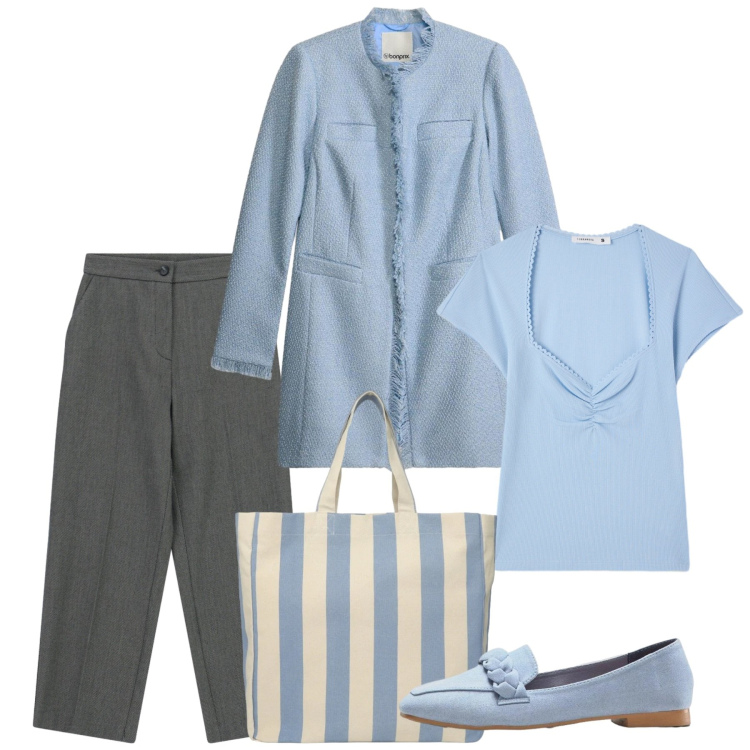 Outfit donna - Cieli azzurri. Stile Bon Ton per Tutti i giorni. Abbinamento con blazer, mocassini, pantaloni, shopping bag, t-shirt.