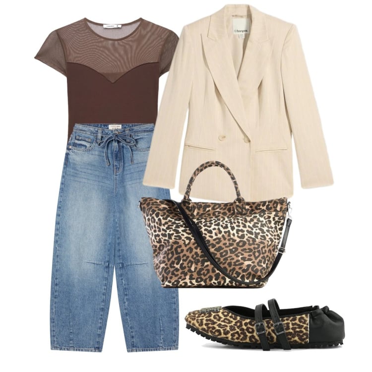 Outfit donna - Dettagli animalier. Stile Casual chic per Tutti i giorni. Abbinamento con shopping bag, blazer, top, ballerine, jeans.