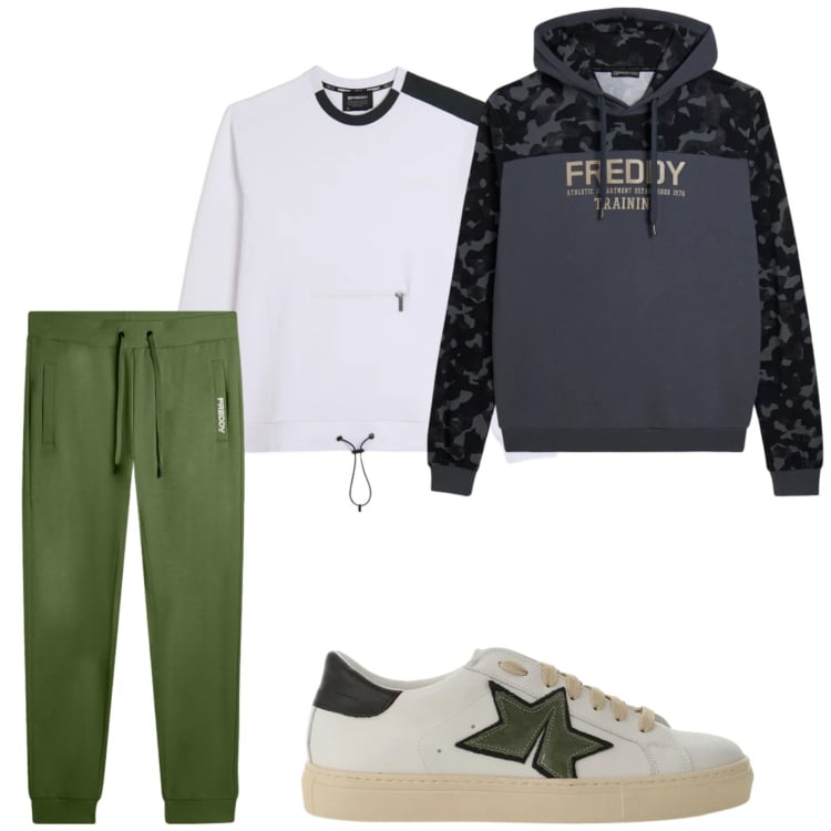 Outfit uomo - Sportivo. Stile Casual per Tutti i giorni. Abbinamento con sneakers, felpe con cappuccio, felpe, pantaloni.