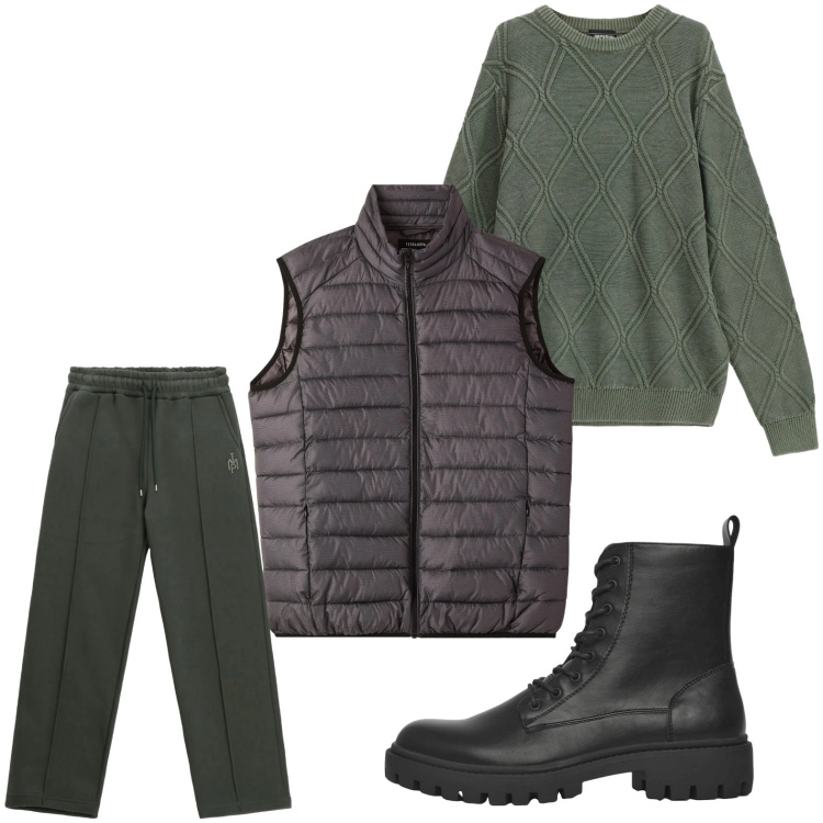 Outfit uomo - Smanicato primaverile. Stile Trendy per Tutti i giorni. Abbinamento con pantaloni, maglieria, anfibi, piumini.