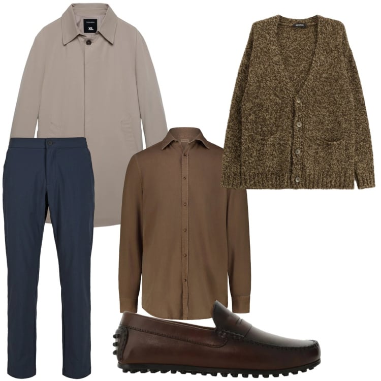 Outfit uomo - Cardigan over. Stile Trendy per Tutti i giorni. Abbinamento con scarpe stringate, cardigans, pantaloni, trench, camicie.