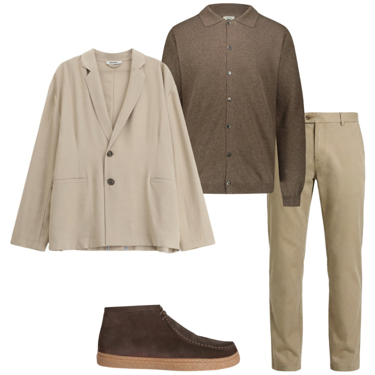 Outfit uomo - Stile Smart casual. Stile Casual per Tutti i giorni. Abbinamento con giacche, stivali e stivaletti, pantaloni chino, polo.
