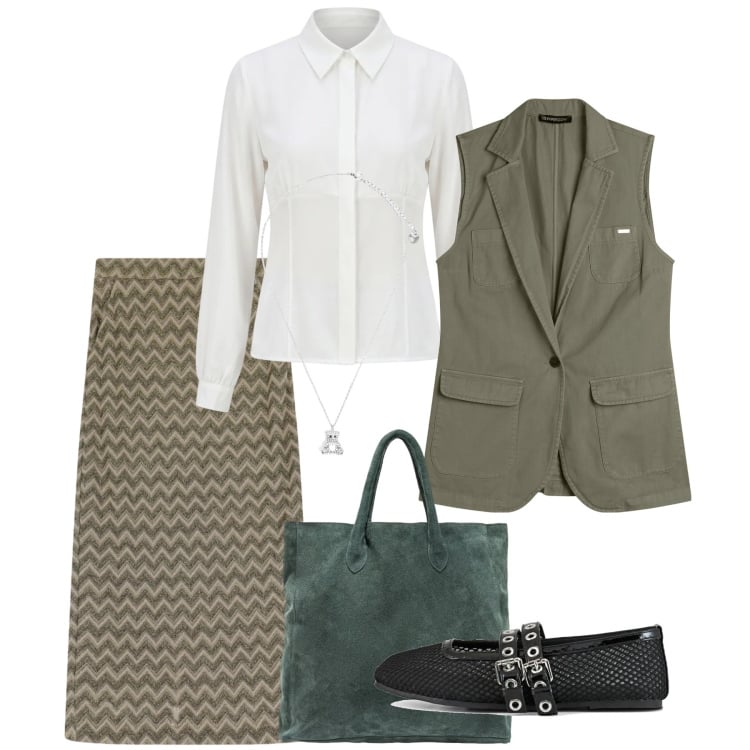 Outfit donna - Ballerine chic. Stile Chic per Tutti i giorni. Abbinamento con camicie, gonne lunghe, ciondoli, gilet, borse a mano, ballerine.