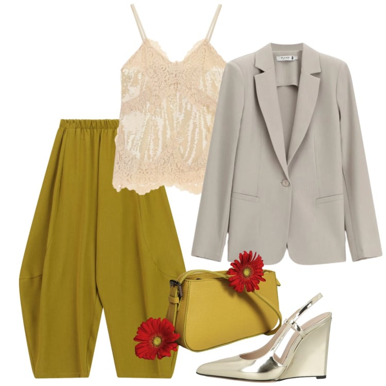 Outfit donna - Chic di sera. Stile Chic per Serata fuori. Abbinamento con décolleté, blazer, pantaloni, borse a spalla, top.