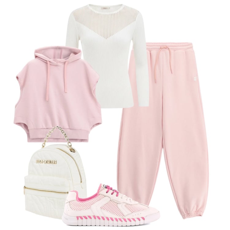 Outfit donna - Rosa in città - @danipoetessa73. Stile Sporty chic per Tutti i giorni. Abbinamento con zaini, pantaloni sportivi, maglieria, felpe con cappuccio, sneakers.
