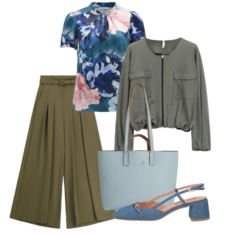 Outfit donna - Colori in città. Stile Bon Ton per Tutti i giorni. Abbinamento con décolleté, shopping bag, bluse, pantaloni a palazzo, bomber.