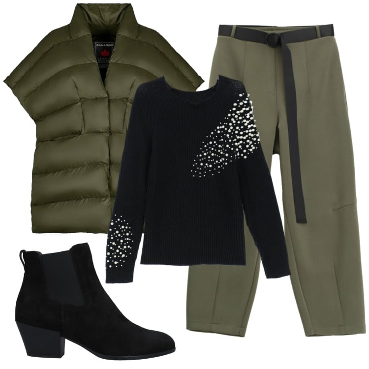 Outfit donna - Total look #2367672. Stile Basic per Ufficio. Abbinamento con stivaletti chelsea, pantaloni, maglieria, piumini.